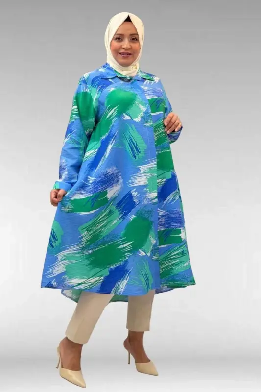 68015 Büyük Beden Mevlana Kesim Mango Gömlek - Desenli Mavi - 1