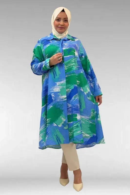 68015 Büyük Beden Mevlana Kesim Mango Gömlek - Desenli Mavi - 2