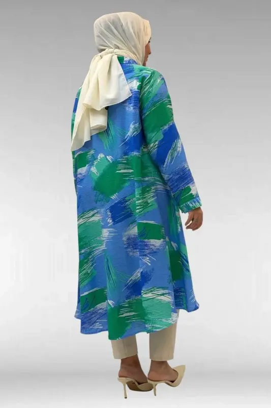 68015 Büyük Beden Mevlana Kesim Mango Gömlek - Desenli Mavi - 3