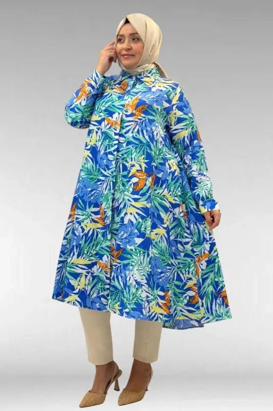 68015 Büyük Beden Mevlana Kesim Mango Gömlek - Desenli Saks - 1