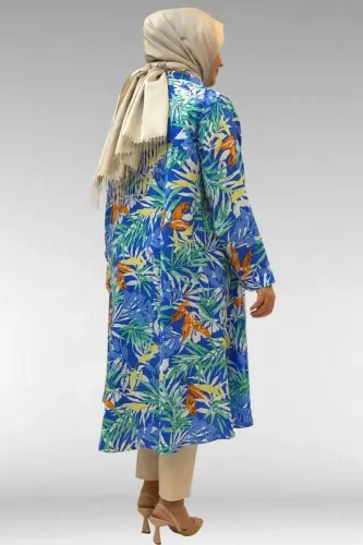 68015 Büyük Beden Mevlana Kesim Mango Gömlek - Desenli Saks - 3