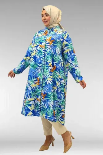 68015 Büyük Beden Mevlana Kesim Mango Gömlek - Desenli Saks - BÜYÜKBEDENIZ (1)