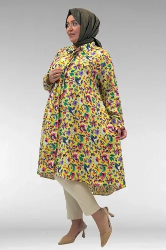 68015 Büyük Beden Mevlana Kesim Mango Gömlek - Desenli Sarı - BÜYÜKBEDENIZ (1)