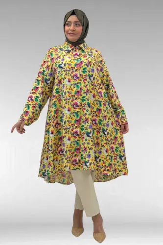 68015 Büyük Beden Mevlana Kesim Mango Gömlek - Desenli Sarı - 1