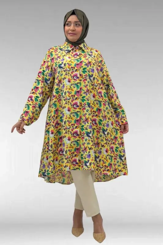 68015 Büyük Beden Mevlana Kesim Mango Gömlek - Desenli Sarı - 1