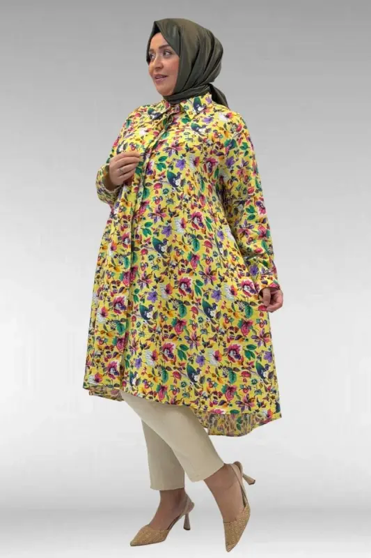 68015 Büyük Beden Mevlana Kesim Mango Gömlek - Desenli Sarı - 2