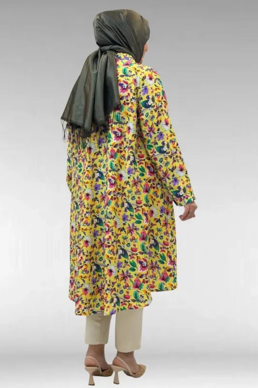 68015 Büyük Beden Mevlana Kesim Mango Gömlek - Desenli Sarı - 3