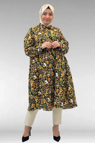 68015 Büyük Beden Mevlana Kesim Mango Gömlek - Desenli Siyah - 1