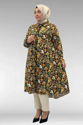 68015 Büyük Beden Mevlana Kesim Mango Gömlek - Desenli Siyah - BÜYÜKBEDENIZ (1)