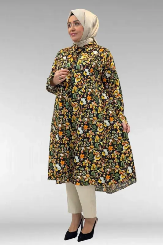 68015 Büyük Beden Mevlana Kesim Mango Gömlek - Desenli Siyah - 2