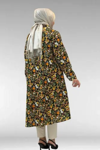 68015 Büyük Beden Mevlana Kesim Mango Gömlek - Desenli Siyah - 3