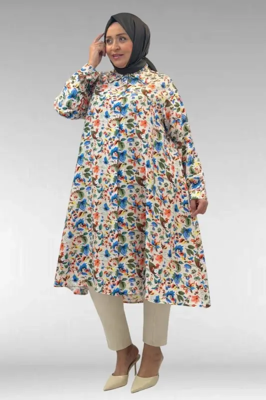 68015 Büyük Beden Mevlana Kesim Mango Gömlek - Desenli Taş - BÜYÜKBEDENIZ