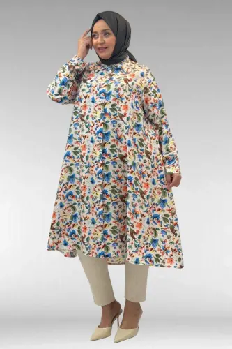 68015 Büyük Beden Mevlana Kesim Mango Gömlek - Desenli Taş - 1