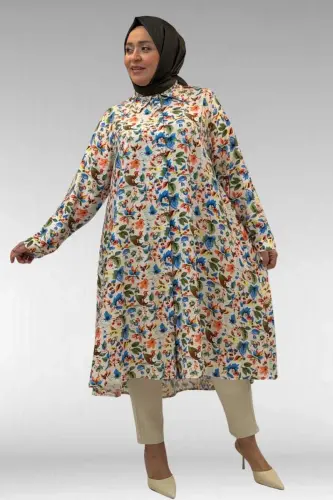 68015 Büyük Beden Mevlana Kesim Mango Gömlek - Desenli Taş - BÜYÜKBEDENIZ (1)