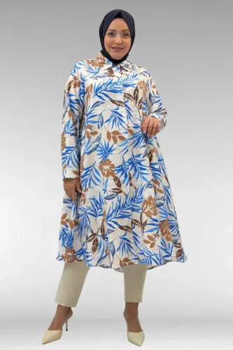 68015 Büyük Beden Mevlana Kesim Mango Gömlek - Yaprak Desen Vizon - 1