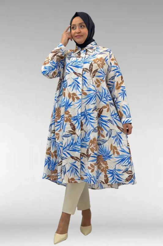 68015 Büyük Beden Mevlana Kesim Mango Gömlek - Yaprak Desen Vizon - 2