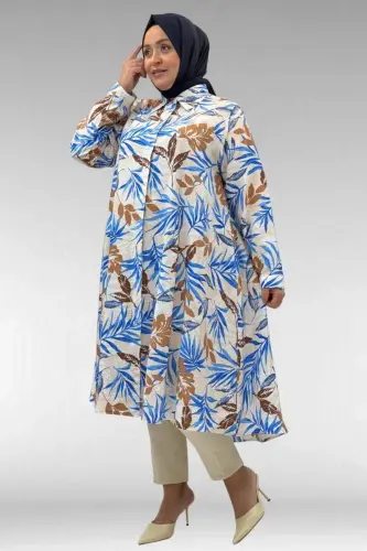 68015 Büyük Beden Mevlana Kesim Mango Gömlek - Yaprak Desen Vizon - 3