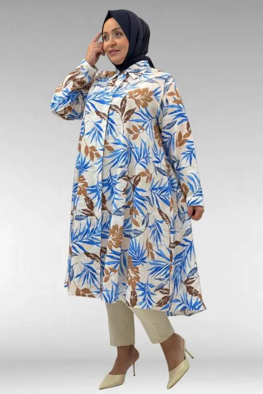 68015 Büyük Beden Mevlana Kesim Mango Gömlek - Yaprak Desen Vizon - 3