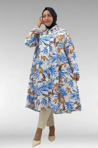 68015 Büyük Beden Mevlana Kesim Mango Gömlek - Yaprak Desen Vizon - BÜYÜKBEDENIZ (1)