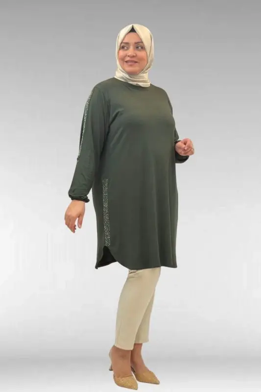 68016 Plus Size Combed Cotton Tunic with Stone Detail on Sides - Khaki - 1