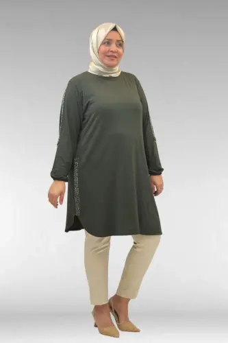 68016 Plus Size Combed Cotton Tunic with Stone Detail on Sides - Khaki - BÜYÜKBEDENIZ (1)