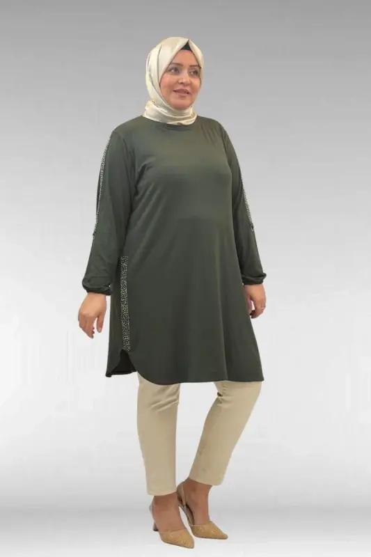 68016 Plus Size Combed Cotton Tunic with Stone Detail on Sides - Khaki - 2