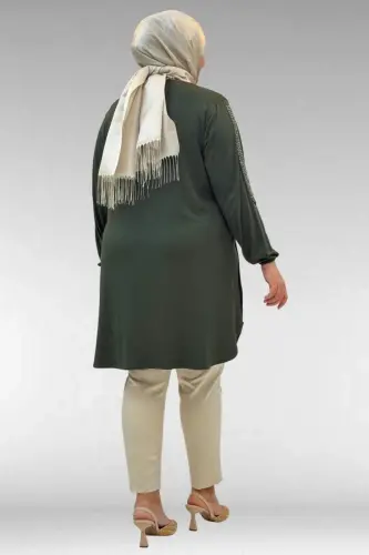 68016 Plus Size Combed Cotton Tunic with Stone Detail on Sides - Khaki - 3