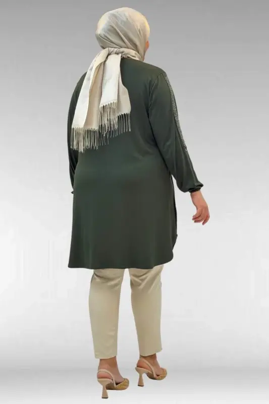 68016 Plus Size Combed Cotton Tunic with Stone Detail on Sides - Khaki - 3