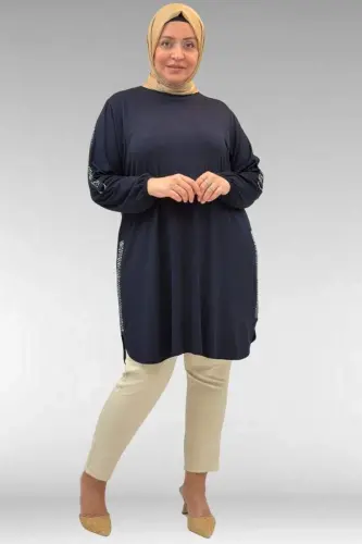 68016 Plus Size Combed Cotton Tunic with Stone Details on the Sides - Navy Blue - 1