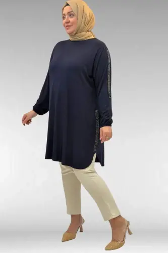 68016 Plus Size Combed Cotton Tunic with Stone Details on the Sides - Navy Blue - BÜYÜKBEDENIZ (1)