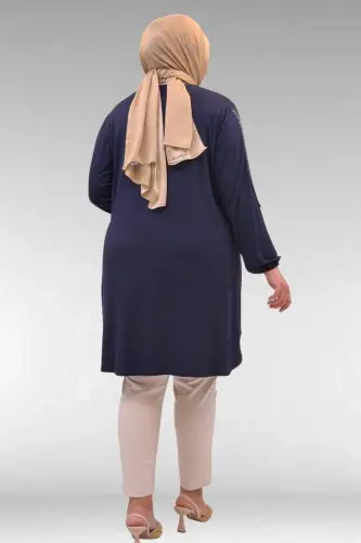 68016 Plus Size Combed Cotton Tunic with Stone Details on the Sides - Navy Blue - 3