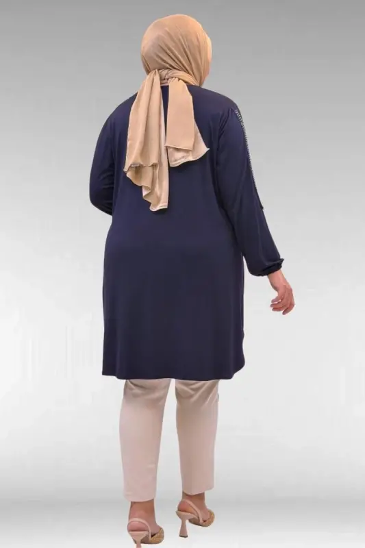 68016 Plus Size Combed Cotton Tunic with Stone Details on the Sides - Navy Blue - 3