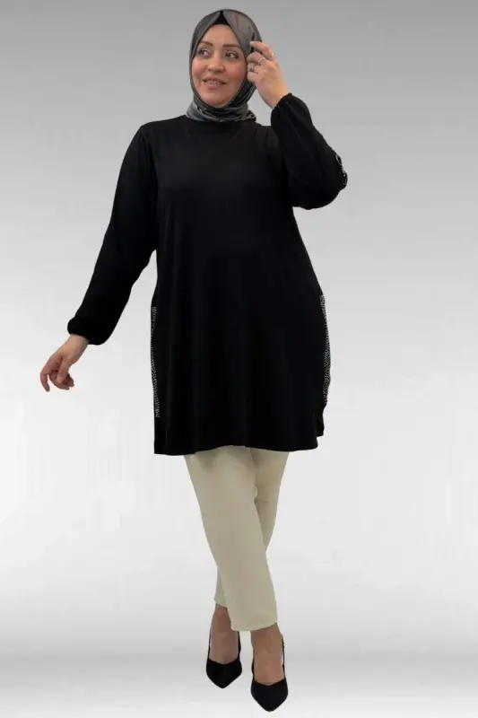 68016 Plus Size Cotton Tunic with Stone Details on the Sides - Black - BÜYÜKBEDENIZ