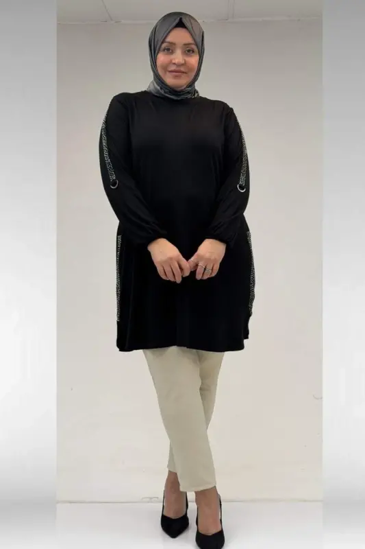 68016 Plus Size Cotton Tunic with Stone Details on the Sides - Black - 2