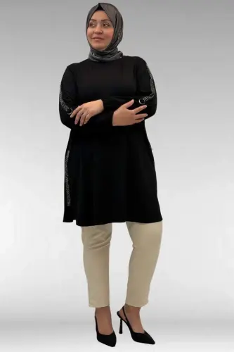 68016 Plus Size Cotton Tunic with Stone Details on the Sides - Black - 3
