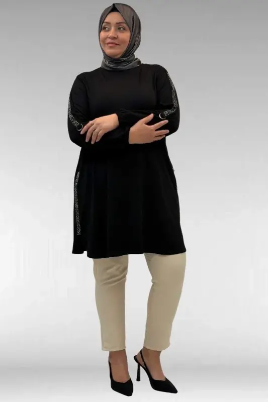 68016 Plus Size Cotton Tunic with Stone Details on the Sides - Black - 3