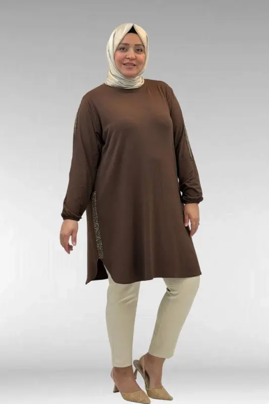 68016 Plus Size Cotton Tunic with Stone Details on the Sides - Brown - BÜYÜKBEDENIZ