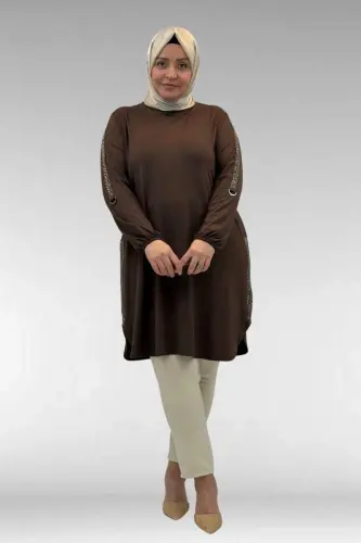 68016 Plus Size Cotton Tunic with Stone Details on the Sides - Brown - BÜYÜKBEDENIZ (1)