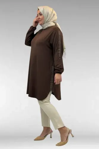 68016 Plus Size Cotton Tunic with Stone Details on the Sides - Brown - 3