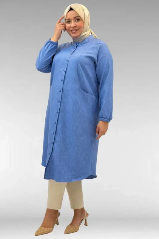 68017 Katta o'lchamli, yoqali, yenglari rezinkali tunika - Indigo - 3
