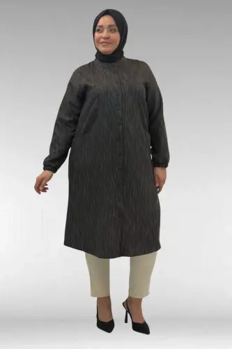 68017 Plus Size Mandarin Collar Tunic with Elastic Cuffs - Black - 1