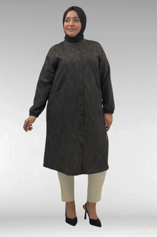 68017 Plus Size Mandarin Collar Tunic with Elastic Cuffs - Black - BÜYÜKBEDENIZ