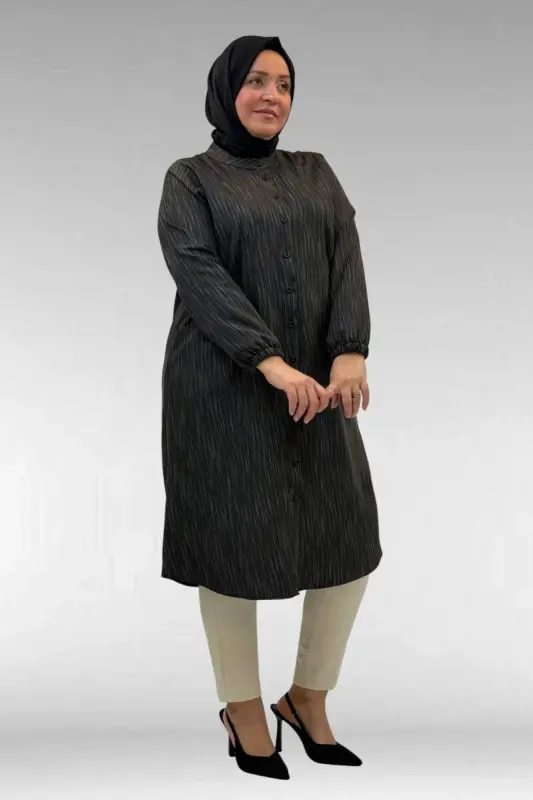 68017 Plus Size Mandarin Collar Tunic with Elastic Cuffs - Black - 3