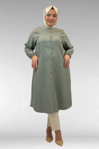 68017 Plus Size Mandarin Collar Tunic with Elastic Cuffs - Dark Green - 1