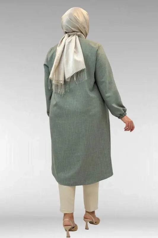 68017 Plus Size Mandarin Collar Tunic with Elastic Cuffs - Dark Green - 3