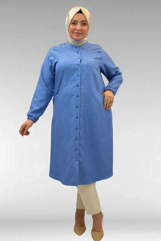 68017 Plus Size Mandarin Collar Tunic with Elastic Cuffs - Indigo - BÜYÜKBEDENIZ
