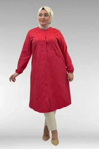 68017 Plus Size Mandarin Collar Tunic with Elastic Cuffs - Red - 1