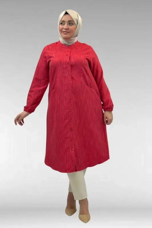68017 Plus Size Mandarin Collar Tunic with Elastic Cuffs - Red - BÜYÜKBEDENIZ
