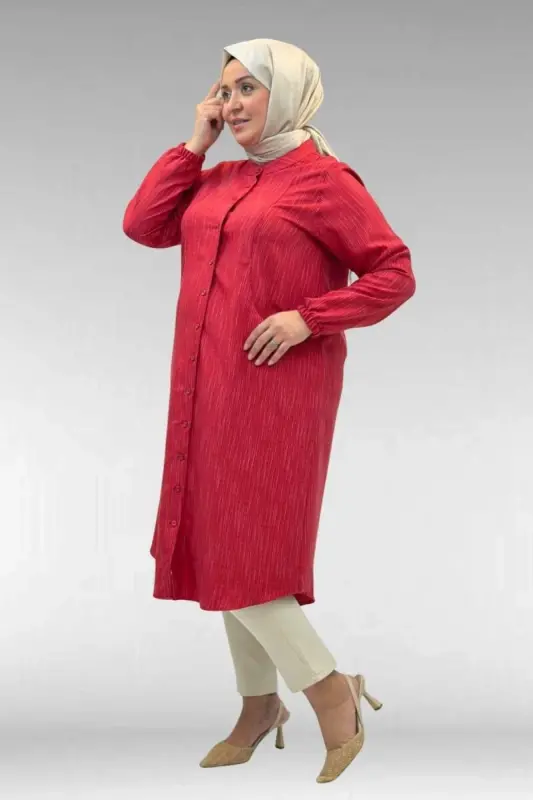 68017 Plus Size Mandarin Collar Tunic with Elastic Cuffs - Red - 3