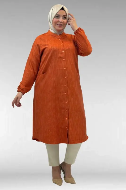 68017 Plus Size Mandarin Collar Tunic with Elastic Cuffs - Tile - BÜYÜKBEDENIZ